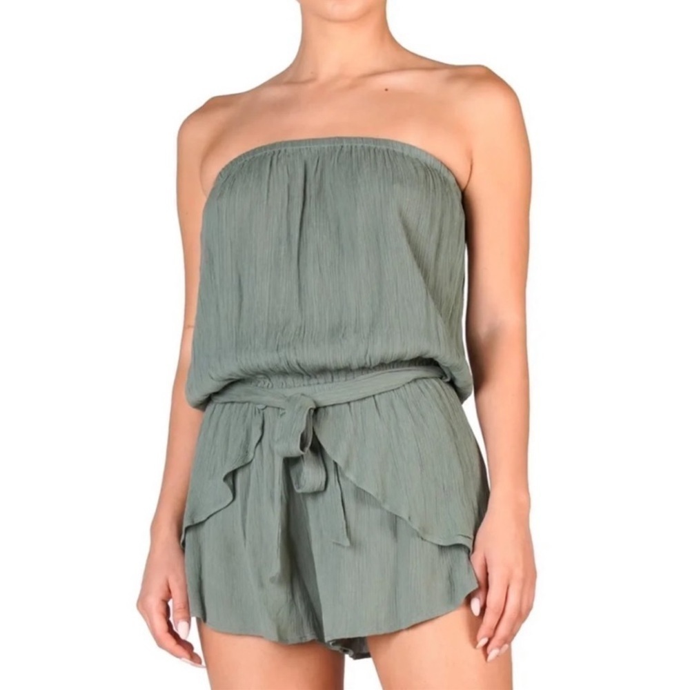 Elan Olive Strapless Ruffled Romper NWT
